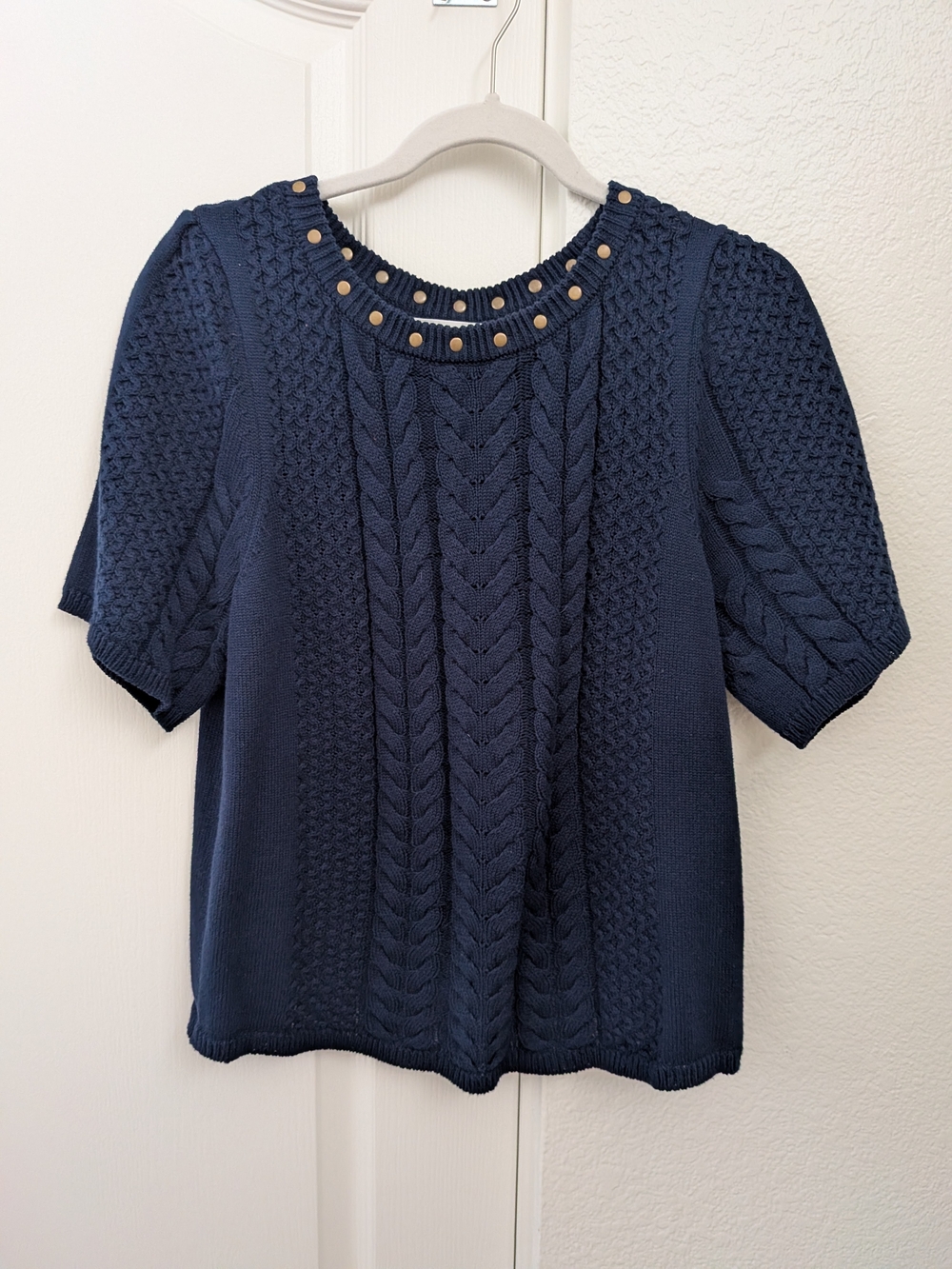 MELISSA NEPTON Navy Cable-Knit Short Sleeve Sweater with Gold Studs